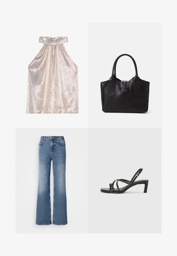 Λαμπερό ασημένιο μπλουζάκι halter με φαρδύ γιακά, με υφή και πλισέ σχέδιο καθώς και ρέουσα σιλουέτα. Το μαλακό ύφασμα αντανακλά το φως.; Mos Mosh MAI - Straight leg jeans - blue wash; Μαύρη σανδάλι με λουράκια και τετράγωνη μύτη, καθώς και χαμηλό μπλοκ τακούνι. Διαθέτει πολλαπλά λεπτά λουράκια και ρυθμιζόμενο λουράκι στον αστράγαλο. Κατασκευασμένο από λείο δέρμα.; Μαύρη δερμάτινη τσάντα tote με λείο υφή, δομημένο σχήμα, δύο λαβές και επιφανές ασημένιο κούμπωμα μπροστά.