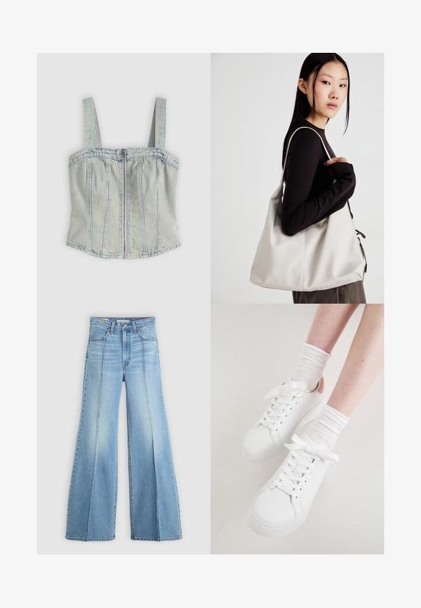 Light blue denim corset top with wide straps, front zipper closure, vertical seam detailing, and a straight hemline.; Light blue high-waisted jeans with wide legs, front and back pockets, belt loops, and vertical seam details on the front.; White leather sneakers feature a rounded toe, flat sole, and thick laces. Accented with a light pink heel and worn with white ribbed socks.; Beige handbag made of soft material, featuring a slouchy design, stitched detailing, and two shoulder straps. Suitable for everyday use.