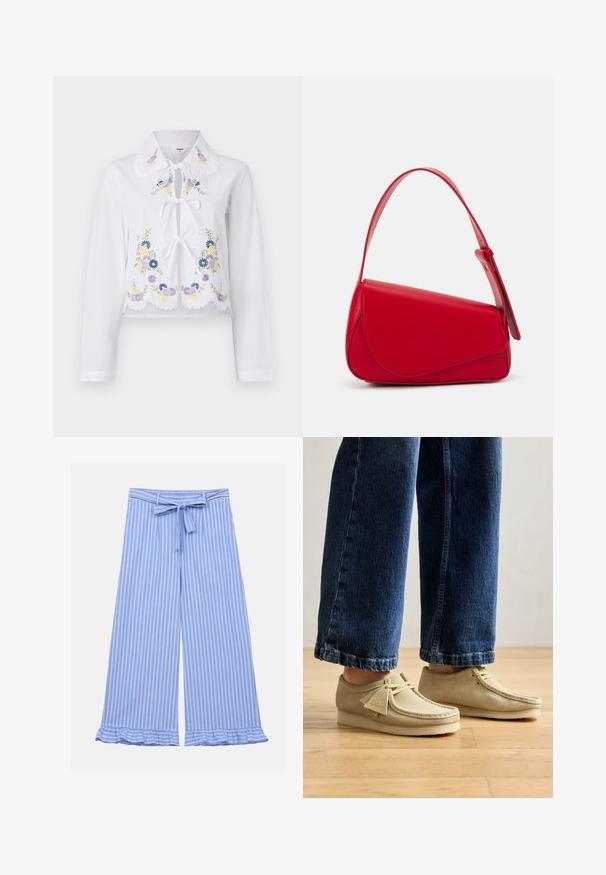 Chemise à manches longues blanche avec un col froncé, des liens à l'avant et une broderie florale colorée. Détails à revers en forme de coquille.; Pantalon large bleu clair avec des rayures verticales blanches, doté d'un lien en tissu à la taille et d'un ourlet froncé. Texture légère et lisse.; Chaussures en daim beige avec des orteils arrondis et un profil bas. Présentent un design à lacets et des accents cousus. Portées avec un jean bleu cropped.; Sac à main en cuir rouge avec un design angulaire et géométrique. Il dispose d'une seule sangle ajustable et d'une fermeture à rabat avec un detailing cousu.