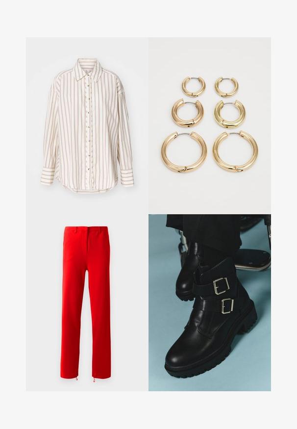 Prugasta srajca v krem in svetlo rjavi barvi, s poklopcem s gumbi, ovratnikom in dolgimi rokavi ter rahlo ukrivljenim robom.; Rdeče hlače iz gladkega, elastičnega materiala. Imajo raven sprednji del z skritim zadrgo, ravne noge in nastavljive zanke na robovih.; Črne usnjene škornje z debelim podplatom in s tremi srebrnimi zaponkami, oblečene z črnimi hlačami na svetlo modri podlagi.; Šest parov zlatih obročastih uhanov razporejenih po velikosti v dveh kolonah na belem ozadju, z gladkim, debelim dizajnom.