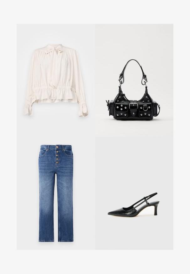 Blusa creme com laço no pescoço, mangas franzidas e cintura elástica. Feita de um tecido liso e leve com um corte solto.; Jeans de denim azul com cintura alta, fecho frontal de cinco botões, pernas retas e desbotamento suave. Design clássico de cinco bolsos.; Salto slingback em patente preta com bico apontado, apresentando um padrão de pele de cobra texturizado, tira ajustável e um salto bloco curto e texturizado.; Bolsa de couro preta com um design curvado, apresentando tachas prateadas, uma fivela e dois bolsos laterais. Alça ajustável para opções de transporte.
