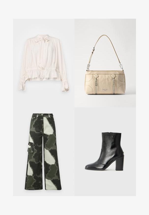 Κρέμα μπλούζα με λαιμόκοψή που δένει, φουσκωτά μανίκια και ελαστική μέση. Κατασκευασμένη από μία λεία, ελαφριά ύφανση με άνετη εφαρμογή.; Φαρδιά παντελόνια cargo σε σκούρο πράσινο και ανοιχτό γκρι καμουφλάζ. Διαθέτουν πλαϊνή τσέπη και μεταλλικό κουμπί, κατασκευασμένα από ανθεκτικό βαμβακερό υλικό.; Μαύρο δερμάτινο μποτάκι έως τον αστράγαλο με απλή υφή, μυτερή μύτη και χοντρό ψηλό τακούνι. Διαθέτει πλαϊνό άνοιγμα και μινιμαλιστικό σχέδιο.; Μπεζ δερμάτινη τσάντα χειρός με ασημένιες λεπτομέρειες, δύο πλευρικούς φερμουάρ, δομημένο σχέδιο και αποσπώμενο λουρί για ευελιξία.