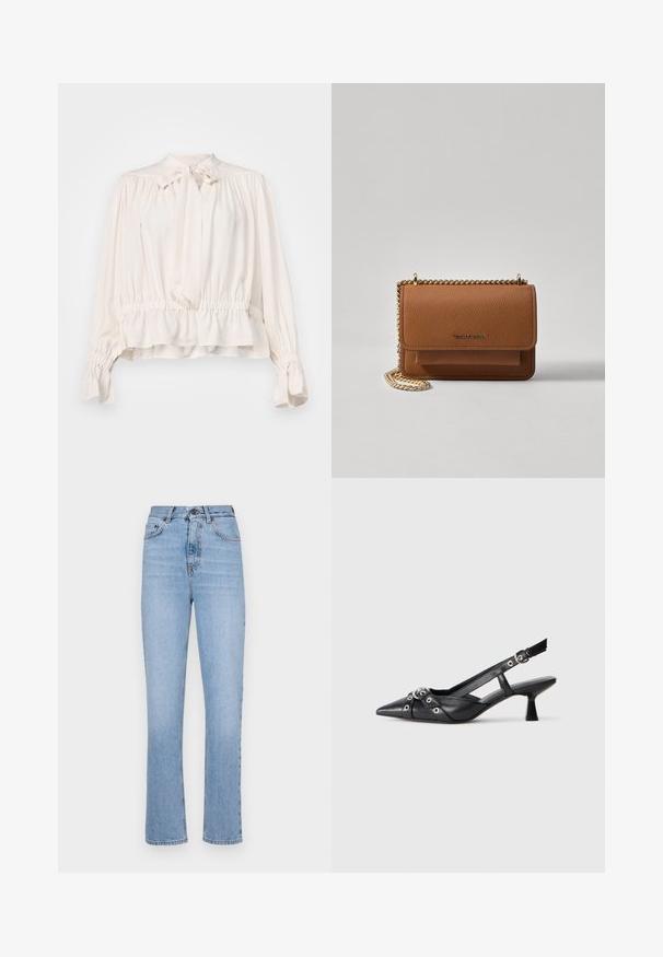 Kremkrāsas blūze ar kakla sasienamu mezglu, savilktiem piedurknēm un elastīgu jostu. Izgatavota no gludas, vieglas auduma ar brīvu piegriezumu.; Gai zilo džinsu bikses ar taisnu kāju dizainu, augstu jostasvietu un klasisku piecu kabatu stilu. Iespējamā gluda tekstūra un smalka izbalēšana.; Melnas ādas šlipsveida kurpes ar norādītu purngalu, dekoratīvām joslām ar metāla acīm un zemu bloku papēdi. Teksturēta virsma.; Brūna teksturēta ādas plecu soma ar zelta ķēdes siksnu un atloka aizdari. Priekšpusē ir logotipa detaļa un kabata zem atloka.