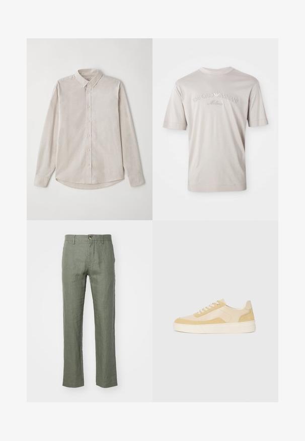 Jasno beżowa koszula z długim rękawem, wykonana z miękkiego materiału. Wyposażona w kołnierzyk z guzikami oraz centralne zapięcie na guziki z zaokrąglonym dołem.; Jasno beżowa koszulka z krótkim rękawem wykonana z miękkiego materiału, z haftowanym logo "Emporio Armani Milano" w nieco ciemniejszym odcieniu.; Lekkie, oliwkowe spodnie lniane z prostymi nogawkami, z zapięciem na guzik i teksturowanym wykończeniem. Brak widocznych kieszeni.; Sneakers w jasnym żółtym zamszu i skórze, z miękką podeszwą i obszywanymi detalami. Klasyczny design na sznurowadła z okrągłym noskiem.