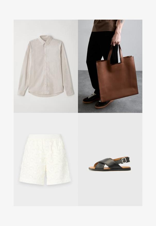 Cămașă lungă cu mâneci dintr-o țesătură moale, de culoare bej deschis. Prezintă un guler cu nasturi și o închidere centrală cu nasturi, având un tiv curbat.; Shorts albe cu un model floral texturat, talie elastică și margini desfăcute. Fabricate dintr-un material ușor, potrivite pentru vreme caldă.; Sandale din piele neagră cu bretele încrucișate, vârful descoperit și curea pentru gleznă cu o cataramă metalică. Tălpică maro și talpă neagră. Design simplu.; Geantă tote din piele maro cu design minimalistic, formă rectangulară și mânere scurte. Prezintă un logo subtil pe față.