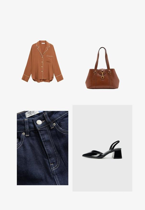 Bruine overhemden met knopen en witte piping, lange mouwen, zak op de linkerkant van de borst, gemêleerde stof en een relaxte pasvorm.; Next WIDE - Wide leg - rinse; Zwarte gepatineerde leren slingback hakken met een spitse neus en een geometrische blokhak. Kenmerkt zich door een slank, minimalistisch ontwerp en een gladde textuur.; Bruine leren handtas met een gestructureerde vorm, gouden metalen accenten, dubbele schouderbanden en een decoratief gespsdetail in het midden.