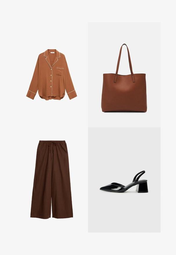 Brun knapparupp skjorta med vit pipning, långa ärmar, ficka på vänster bröst, texturerad tyg och avslappnad passform.; Bruna vida byxorna tillverkade av lättviktsmaterial, med en elastisk midja och snodd samt sidofickor.; Svarta lackläder slingback klackar med spetsig tå och geometrisk klack. Har en elegant, minimalistisk design och slät yta.; Brun läder tote-väska med en slät textur, öppen toppdesign och två axelremmar. Har minimal söm och ingen synlig metalldetalj.