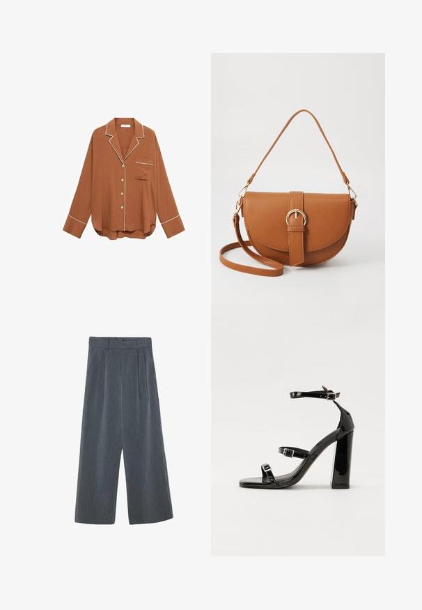 Brun knap-up skjorte med hvid piping, lange ærmer, lomme på venstre bryst, tekstureret stof og afslappet pasform.; Viddebukser i mørkegrå, med en tekstureret stof, plisseret front og høj talje design med en glat taljerem.; Sorte laklædersandaler med høje hæle, to spænderemme, firkantet tå og en kraftig blokhæl, der har en glat, blank overflade.; Brun læder crossbody taske med en buet form, guldfarvet hardware og en spændeaccent. Har en aftagelig skulderrem.