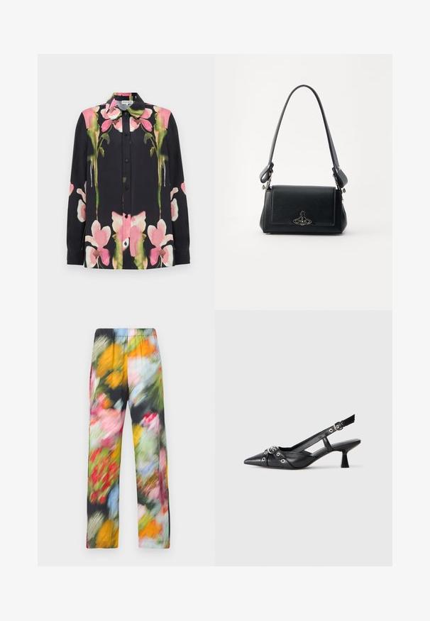 Fekete ing rózsaszín és zöld virágmintával, hegyes gallérral, gombos elülső résszel és hosszú ujjakkal. Simító anyag, enyhe fényességgel.; Virágmintás, könnyű nadrágok elasztikus derékkal, élénk színek keverékével, beleértve a rózsaszínt, sárgát, zöldet és kéket.; Fekete bőr slingback cipő hegyes orral, dekoratív pántokkal, fém szemekkel és alacsony blokk sarkú. Texturált felület.; Fekete bőr kézitáska texturált felülettel, téglalap alakú, állítható pánttal és fém logó díszítéssel az elülső részen.