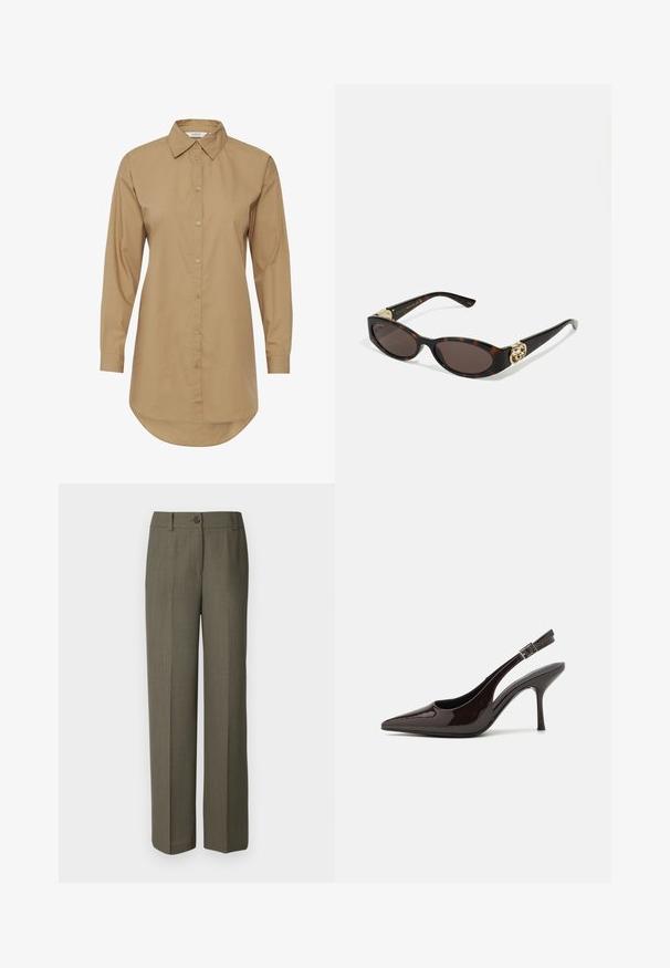 Bruine lange mouwen shirt met een spitse kraag, knoopsluiting aan de voorkant en een lichtgebogen zoom. Gemaakt van gladde stof, met subtiele knoopaccenten.; Modström GALE PANTS - Broek - warm gray; Slingback hoge hak schoen in glanzend donkerbruin patentleer, puntige neus, open zijkanten en verstelbare enkelband.; Schildpadbril met langwerpige ovale lenzen, bruine tint, gouden logo-accenten op de pootjes en slanke zwarte armen.