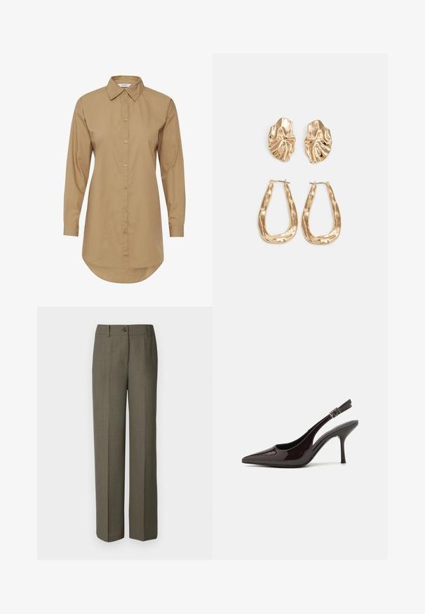 Camisa marrón de manga larga con cuello puntiagudo, cierre de botones en la parte delantera y dobladillo curvado. Hecha de una tela suave, presenta sutiles acentos de botones.; Modström GALE PANTS - Pantalones - warm gray; Zapato de tacón alto tipo slingback en piel sintética brillante de color marrón oscuro, con punta afilada, laterales abiertos y correa ajustable en el tobillo.; Pendientes en tono dorado que presentan formas texturizadas y onduladas. Incluyen aros de clip esculturales y un diseño de aro abierto con un acabado martillado.