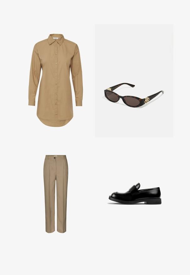 Camicia marrone a maniche lunghe con colletto a punta, chiusura con bottoni e orlo curvo. Realizzata in tessuto liscio, presenta delicati dettagli con bottoni.; Pantaloni beige su misura con design a gamba dritta, dotati di una chiusura con un solo bottone e pieghe frontali pulite. Realizzati in un tessuto morbido.; Mocassino in pelle nera con punta arrotondata, suola piatta in gomma e una dettagliata striscia prominente sulla parte superiore. Texture liscia, design minimalista.; Occhiali da sole tartarugati con lenti ovali allungate, tonalità marrone, accenti dorati con logo sulle tempie e aste nere eleganti.