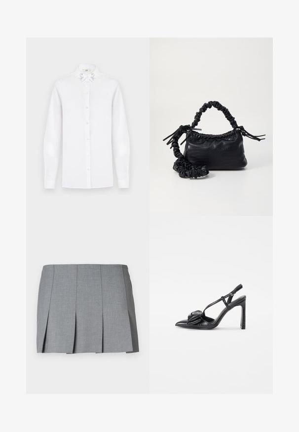 Fehér, hosszú ujjú gombos ing, hegyes gallérral, ezüstszínű flitterekkel díszítve mindkét oldalon.; Szürke redős szoknya sima textúrával, strukturált dizájnnal és testhezálló derékkal. Könnyű anyagból készült, diszkrét mintázattal.; Fekete, magassarkú cipő, hegyes orral, fényes felülettel, vékony pántokkal és díszes redőzött részlettel az elején.; Fekete műbőr kézi táska krokodil bőr textúrával, összehúzható tetejű és gyűrt pánttal. Lágy és kompakt dizájnúnak tűnik.