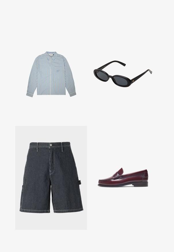 Chemise rayée en bleu clair et blanc, à boutons, à manches longues, avec une poche poitrine ornée d'un logo brodé. Tissu en coton.; Shorts rayés bleu marine en coton avec une coupe décontractée, dotés de poches latérales, de passants de ceinture et de détails de couture blanche contrastante.; Mocassin en cuir bordeaux avec un bout arrondi, des détails cousus et un petit accent décoratif sur le devant. Semelle plate contrastante.; Lunettes de soleil noires surdimensionnées avec des verres ovoïdes, monture en plastique lisse et accents dorés sur les tempes. Les verres sombres offrent une protection contre le soleil.
