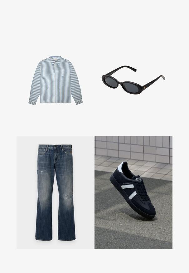 Gaiši zila un balta svītrainā krekla, pogājamas dizains, garās piedurknes un krūšu kabata ar izšūtu logotipu. Kokvilnas audums.; Tumši zila džinsu bikses ar izbalinātu tonusu. Iezīmē plašu kāju griezuma stilu, nolietojuma detaļas, tostarp plīsumi, un standarta piecu kabatu dizainu.; Melnā ādas sporta apavi ar baltām svītrām, teksturēta gumijas zole un auklu aizdare. Iekļauj zīmola etiķeti uz mēles.; Melnu pārspīlēto saulesbrilles ar ovālām lēcām, gludu plastmasas rāmja un zelta akcentiem uz tempļiem. Tumšie lēcas nodrošina saules aizsardzību.