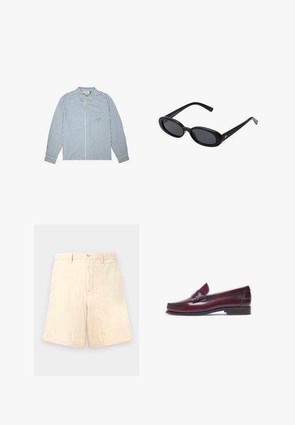 Striped shirt in light blue and white, button-up design, long sleeves, and a chest pocket with an embroidered logo. Cotton fabric.; Beige linen shorts with a tailored fit, featuring a front button closure, two side pockets, and subtle texture.; Burgundy leather loafer with a rounded toe, stitched detailing, and a small decorative accent on the vamp. Flat, contrasting sole.; Black oversized sunglasses with oval lenses, smooth plastic frame, and gold accents on temple. Dark lenses provide sun protection.