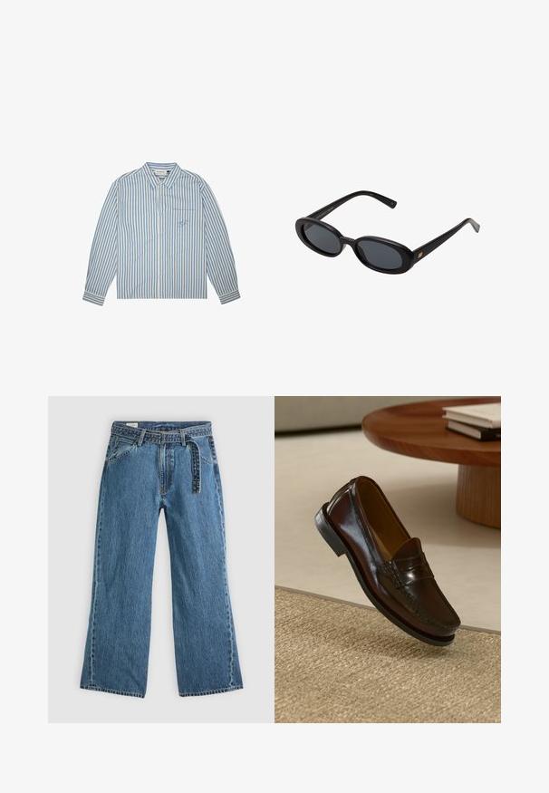 Cămașă în dungi de culoare albastru deschis și alb, cu închidere cu nasturi, mâneci lungi și un buzunar pe piept cu un logo brodat. Material din bumbac.; Jeans din denim albastru, cu picioare largi, curea atașată, buzunare frontale și cusături vizibile pe un fundal simplu deschis.; Loaferi din piele maro cu un finisaj lucios, având un detaliu cusut în partea din față și o talpă joasă din cauciuc negru.; Ochelari de soare supradimensionați, cu lentile ovale, cadru din plastic neted și accente aurii pe brațe. Lentilele întunecate oferă protecție solară.; Geantă de umăr neagră, fabricată dintr-un material texturat, cu închidere cu fermoar, curea ajustabilă și logo embosat pe panoul din față.