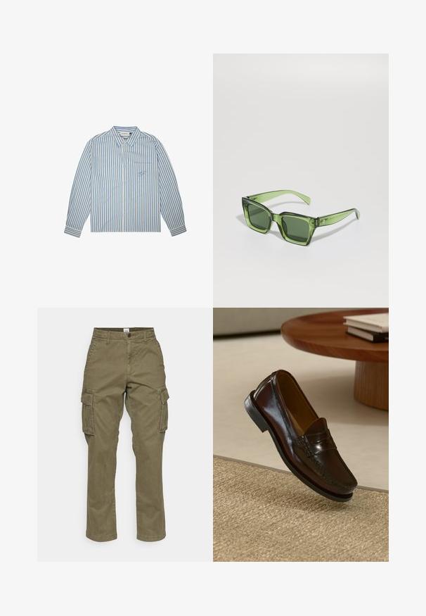 Pruhovaná košile světle modré a bílé barvy, design na knoflíky, dlouhé rukávy a náprsní kapsa s vyšitou logem. Bavlněná látka.; Olivově zelené cargo kalhoty vyrobené z bavlny, s rovnými nohavicemi, bočními kapsami a decentními švy. Textura je hladká, s odolnou tkaninou.; Hnědé kožené loafery s lesklým povrchem, zdobené prošíváním vpředu a nízkoprofilovou černou gumovou podrážkou.; Zelené obdélníkové sluneční brýle s tmavými skly, silnými transparentními rámy a mírným lesklým povrchem. Akcenty na stranicích.