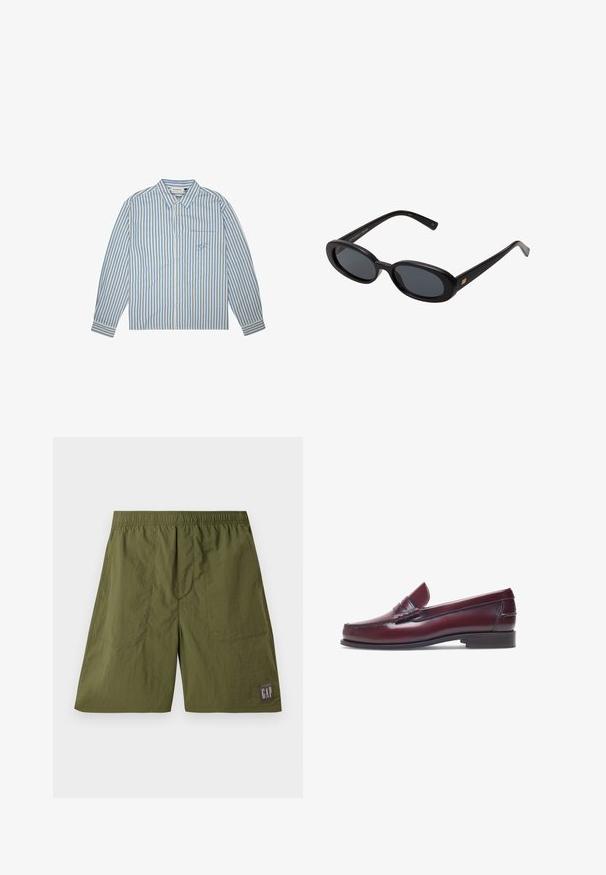 Camicia a righe in azzurro chiaro e bianco, modello con bottoni, maniche lunghe e taschino sul petto con logo ricamato. Tessuto in cotone.; Pantaloni shorts in nylon verde con vita elastica, due tasche laterali e un'etichetta a patch con "GAP" in bianco su sfondo grigio scuro.; Mocassino in pelle bordeaux con punta tonda, dettagli cuciti e un piccolo accentu decorativo sulla tomaia. Suola piatta in contrasto.; Occhiali da sole neri oversize con lenti ovali, montatura in plastica liscia e accenti dorati sulle tempie. Le lenti scure offrono protezione dal sole.