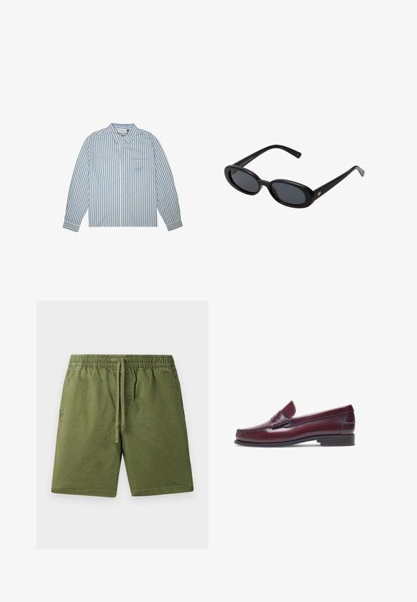 Camicia a righe in azzurro chiaro e bianco, modello con bottoni, maniche lunghe e taschino sul petto con logo ricamato. Tessuto in cotone.; Pantaloni corti verde khaki realizzati in cotone morbido, con una vita elastica e un cordoncino, oltre a tasche laterali. Texture liscia, design casual.; Mocassino in pelle bordeaux con punta tonda, dettagli cuciti e un piccolo accentu decorativo sulla tomaia. Suola piatta in contrasto.; Occhiali da sole neri oversize con lenti ovali, montatura in plastica liscia e accenti dorati sulle tempie. Le lenti scure offrono protezione dal sole.