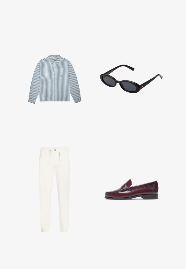 Streepjesshirt in lichtblauw en wit, met knoopsluiting, lange mouwen en een borstzak met een geborduurd logo. Katoenen stof.; Witte, lichte broeken gemaakt van zachte stof. Bevat een elastische tailleband met trekkoord, knoopsluiting en geribde boorden.; Bordeaux leren instapper met een ronde neus, gestikte details en een kleine decoratieve accent op de schacht. Platte, contrasterende zool.; Zwarte oversized zonnebril met ovale lenzen, een glad plastic montuur en gouden accenten op de pootjes. Donkere lenzen bieden bescherming tegen de zon.