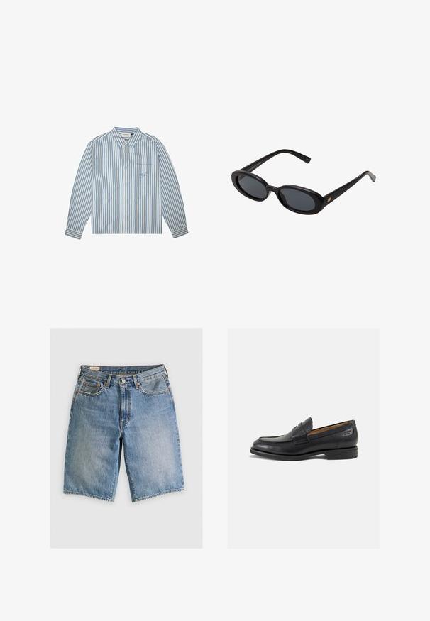 Streepjesshirt in lichtblauw en wit, met knoopsluiting, lange mouwen en een borstzak met een geborduurd logo. Katoenen stof.; Leren denim shorts in lichtblauw met een klassieke snit. Bevat vijf zakken, oranje stikselaccenten en ruwe zoomranden.; Zwarte leren loafers met een gladde afwerking, ronde neus en decoratieve stiksels op de wreef. Lage gestapelde hak en een lichte glans.; Zwarte oversized zonnebril met ovale lenzen, een glad plastic montuur en gouden accenten op de pootjes. Donkere lenzen bieden bescherming tegen de zon.
