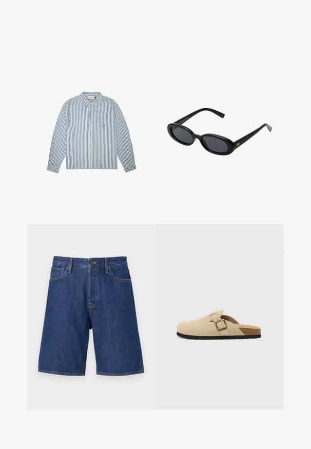 Gaiši zila un balta svītrainā krekla, pogājamas dizains, garās piedurknes un krūšu kabata ar izšūtu logotipu. Kokvilnas audums.; Jack & Jones JJIALEX JJORIGINAL - Džinsa auduma šorti - blue denim; Beige krēmo zamšs čības ar korķa zoli, noapaļota purngala un vienkārša siksna ar zelta tonēta sprādzi. Gumijas zole labākai saķerei.; Melnu pārspīlēto saulesbrilles ar ovālām lēcām, gludu plastmasas rāmja un zelta akcentiem uz tempļiem. Tumšie lēcas nodrošina saules aizsardzību.