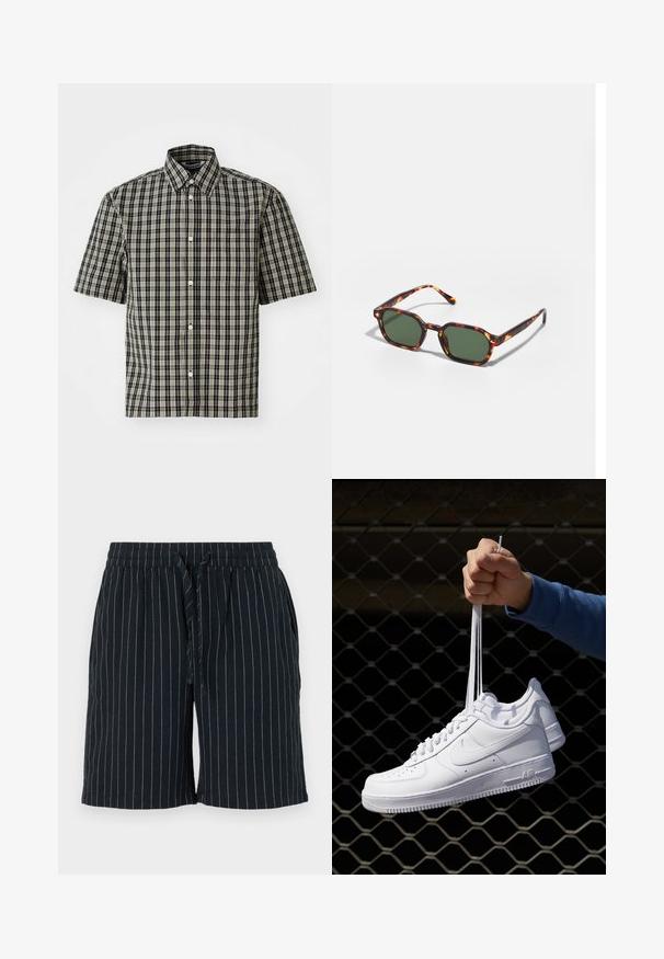 Kurzarmhemd aus schwarzem und beigem kariertem Baumwollstoff, mit Button-Down-Kragen und einer linken Brusttasche. Klassisches Karomuster über das gesamte Hemd.; Dunkelblaue Shorts mit vertikalen hellen Streifen, elastischem Bund, Kordelzugverschluss und seitlichen Taschen. Hergestellt aus einem leichten Stoff.; Weiße Leder-Sneaker mit Perforationen, runder Zehenpartie, flacher Sohle und dicken Schnürsenkeln, mit sichtbar eingesticktem Swoosh-Logo und "AIR" an der Ferse.; Schildpatt-Sonnenbrille mit grünen Gläsern, in einer achteckigen Form und schlanken, gebogenen Bügeln. Das Material hat eine glänzende Oberfläche.