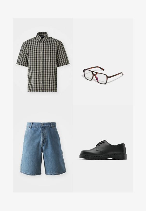 Camisa de mangas curtas em algodão numa estampa de xadrez preto e bege, com colarinho abotoado e um bolso à esquerda no peito. Padrão de xadrez clássico por toda a peça.; Calções de ganga em azul claro. Apresentam um design clássico de cinco bolsos, fecho por botão e corte reto. O tecido parece suave com ligeiro desgaste.; Sandalho oxford de couro preto com design de atacador, bico arredondado, sola de borracha plana e detalhe de costura discreto no cabedal.; Óculos com padrão tartaruga, com lentes retangulares, armação preta e laranja, apresentando um acabamento brilhante e templos finos.