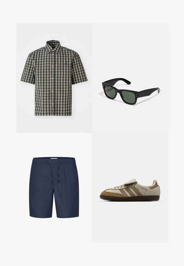 Juodai ir smėlio spalvos langeliu rašo, trumpų rankovių marškiniai, su mygtukiniu apykakle ir kairiu krūtinės kišeniu. Klasikinis langelių raštas visame paviršiuje.; Casual Friday CFPHELIX LINEN MIX - Šortai - navy blazer; Rudos ir kreminės spalvos sportiniai batai su trimis smėlio spalvos juostelėmis, pagaminti iš zomšos ir odos, su raišteliais ir guma padeliu. Šone matomas teksto logotipas.; Juodos stačiakampės saulės akinių rėmelių su žaliais lęšiais, matinio paviršiaus, subtiliais detalėmis ir iškilniu logotipu ant šventyklos.