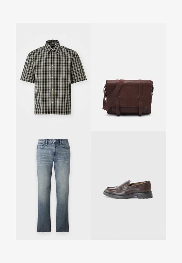 Camisa de mangas curtas em algodão numa estampa de xadrez preto e bege, com colarinho abotoado e um bolso à esquerda no peito. Padrão de xadrez clássico por toda a peça.; Jeans de denim de lavagem clara com um design de perna reta, estilo de cinco bolsos, fecho de botão metálico e detalhes de desvanecimento subtil.; Mocassins de couro castanho com um acabamento suave, bico redondo, costura mínima e uma sola grossa de borracha preta. Sem hardware ou detalhes visíveis.; Mala mensageiro de couro castanho com uma aba frontal plana, duas correias, detalhes em metal dourado e uma alça de ombro ajustável.