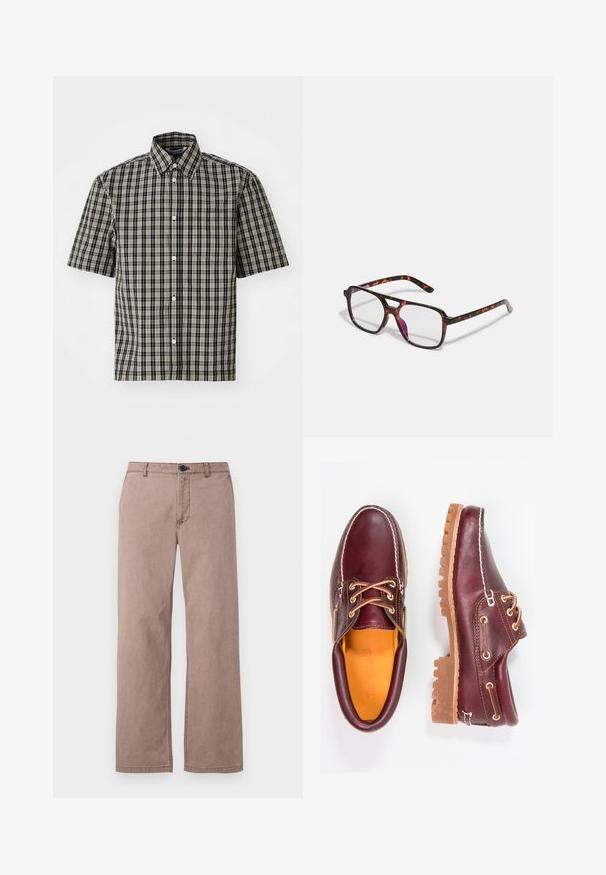 Juodai ir smėlio spalvos langeliu rašo, trumpų rankovių marškiniai, su mygtukiniu apykakle ir kairiu krūtinės kišeniu. Klasikinis langelių raštas visame paviršiuje.; Rudos medvilnės kelnes su tiesiu siluetu, priekinėmis kišenėmis, diržo kilpomis ir viršutiniu mygtuku. Lygus paviršius su minimaliais siuvimo detalėmis.; Burgundi odiniai bateliai su rudais guminiais padais, apvaliu pirštu, balta siūle ir auksiniais inkarais. Interjere yra geltonas pamušalas.; Negyvuotų raštų akiniai su stačiakampiais lęšiais, juodai-oranžinėmis rėmeliais, turintys blizgų apdailą ir lieknas šventyklas.