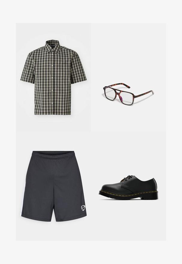 Īsām piedurknēm melnbalta flanelīna krekls ar pogas apkakli un kreiso krūšu kabatu. Klasiska pārbaude visā kreklā.; Melnas sporta šortas ar elastīgu jostasvietu, ar baltu sānu svītru un mazu baltu Nike logotipu uz apakšējās kreisās kājas.; Melnas ādas kurpes ar noapaļotu purngalu, sasaistes dizainu, dzelteniem šuvumiem gar zoli un masīvu melnu gumijas zoli, kas nodrošina saķeri.; Tortoiseshell krāsas brillēm ar taisnstūra lēcām, melniem un oranžiem rāmiem, kas izceļas ar spīdīgu apdari un šauriem kājiņām.