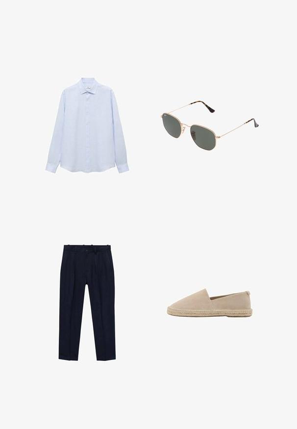 Camicia a maniche lunghe di colore azzurro chiaro, realizzata in un tessuto texturizzato. Presenta un colletto classico e un taglio dritto con un orlo leggermente arrotondato.; Pantaloni navy realizzati in tessuto liscio, con un fit leggermente sagomato, pieghe frontali, passanti per cintura e chiusura a un bottone.; Espadrillas in suede beige con suola piatta, parte posteriore chiusa e rifinitura in juta intrecciata lungo il bordo. Silhouette semplice e classica senza adornamenti.; Occhiali da sole con montatura in metallo dorato e lenti verde scuro, stile aviator, con aste sottili e dettagli in tartaruga sulle punte.