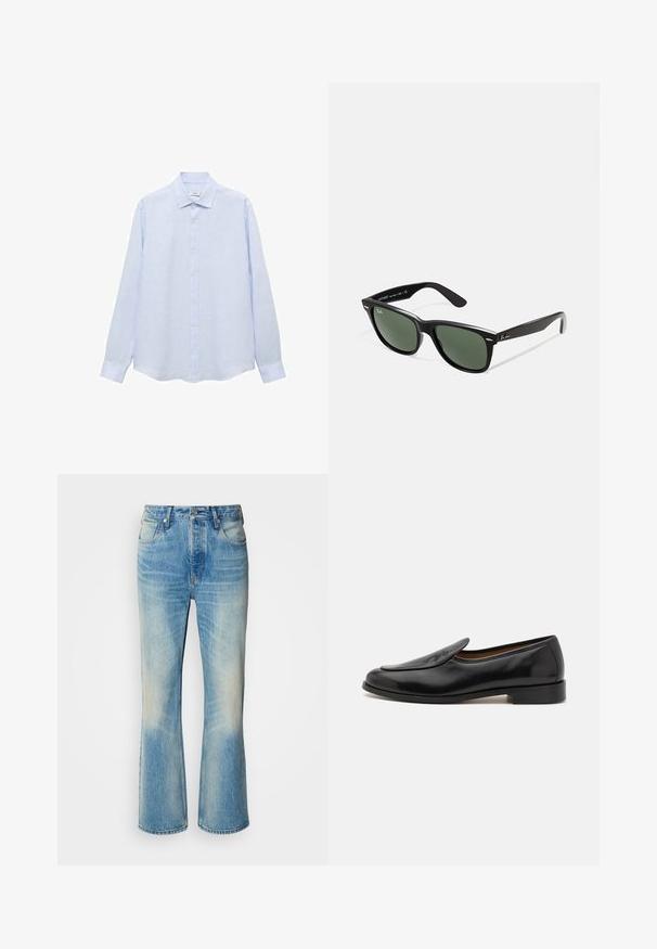 Helles blaues Langarmhemd mit Knöpfen aus einem strukturierten Stoff. Verfügt über einen klassischen Kragen und einen geraden Schnitt mit einem leicht abgerundeten Saum.; Hellblaue Denim-Jeans mit einem ausgestellten Bein-Design, das eine verblasste Optik aufweist, vordere Taschen und einen knopfverschluss an der Taille. Verstärkten Nähte sind sichtbar.; Schwarze Lederloafer mit glatter Oberfläche, abgerundetem Zehenbereich, niedrigem Absatz und seitlichen Schlitzen für einfaches Anziehen. Mit einem dezenten Logo-Detail auf der Vorderseite.; Schwarze Plastiksonnenbrille mit grünen Gläsern, quadratischen Rahmen, silbernem Akzent auf der Augenbraue und strukturierten Bügeln. Angegebene Marke auf dem inneren Bügel.