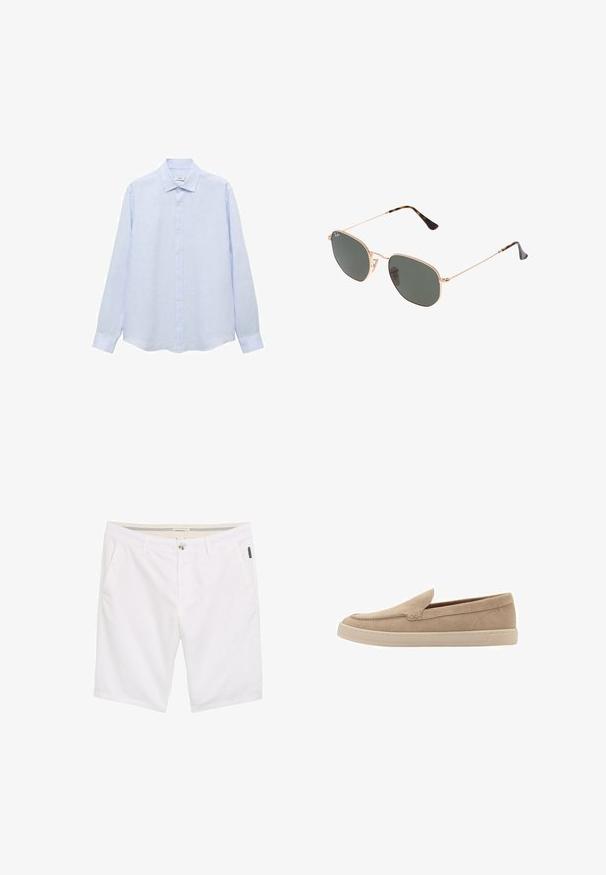 Jasnoniebieska, długorękawowa koszula zapinana na guziki, wykonana z teksturowanej tkaniny. Posiada klasyczny kołnierzyk oraz prosty krój z lekko zaokrąglonym dołem.; Białe szorty z zamkiem błyskawicznym i zapięciem na guzik, dwoma bocznymi kieszeniami oraz fakturowanym materiałem z subtelnymi detalami zszycia.; Beżowe zamszowe buty wsuwane z okrągłym noskiem i przeszywanymi detalami. Jasnobrązowa gumowa podeszwa o niskim profilu.; Złote okulary przeciwsłoneczne w stylu aviatora z ciemnozielonymi soczewkami, z wąskimi ramionami i akcentami w panterkę na końcach.