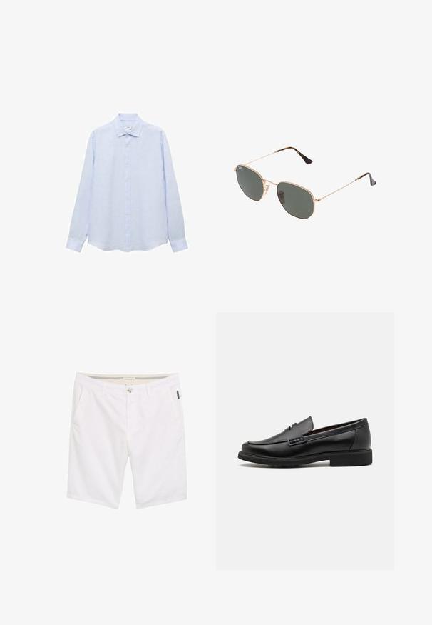 Svetlomodrá košeľa s dlhým rukávom na gombíky vyrobená z textúrovanej látky. Obsahuje klasický golier a rovný strih so slabým zaoblením na leme.; Biele šortky s rozparkom na zips a zapínaním na gombík, dvomi bočnými vreckami a textúrovanou tkaninou s jemnými švovými detailami.; Čierne syntetické poltopánky s výrazným prešitým predným detailom, vycpanou vnútornou stielkou a plochou gumovou podrážkou; elegantný dizajn s minimálnym zdobením.; Zlaté slnečné okuliare s kovovým rámom a tmavozelenými šošovkami v aviator štýle, s úzkymi ramenami a mramorovými akcentami na koncoch.