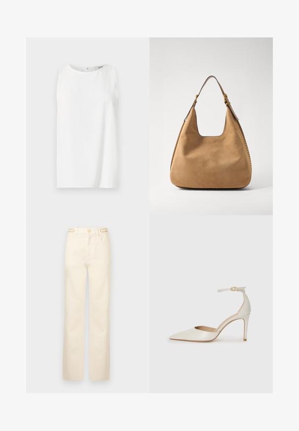 Liemenėlė be rankovių, pagaminta iš lygaus audinio, su apvaliu iškirpimu ir tiesiu siluetu, užsegama nugaros dalyje. Paprastas ir minimalistinis dizainas.; Rabanne Tiesaus kirpimo džinsai - off white denim; Balti odiniai aukštakulniai batai su smailiu priekiniu galu, kulkšnies dirželiu ir siauru stiletu. Lygi tekstūra su subtiliu blizgiu paviršiumi.; Tan spalvos odinė petinė rankinė su apvalia forma, lygiu paviršiumi ir kontrastuojančiu aukso spalvos aksesuaru. Yra plati petinė dirželis.