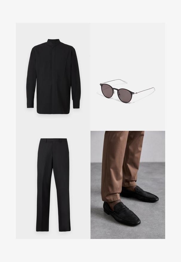 Maglia nera a maniche lunghe con collo alto, caratterizzata da un taglio dritto e un design minimalista. Il tessuto appare liscio e strutturato.; Pantaloni neri a gamba dritta in tessuto liscio. Presentano una vita standard e nessun motivo o accento visibile.; Mocassini neri con un motivo testurizzato, dotati di punta arrotondata e profilo basso. Abbinati a pantaloni beige su una superficie grigia.; Occhiali da sole neri rotondi con lenti scure e sottili bracci in metallo. Include punte trasparenti e accenti argentati alla cerniera. Design minimalista.