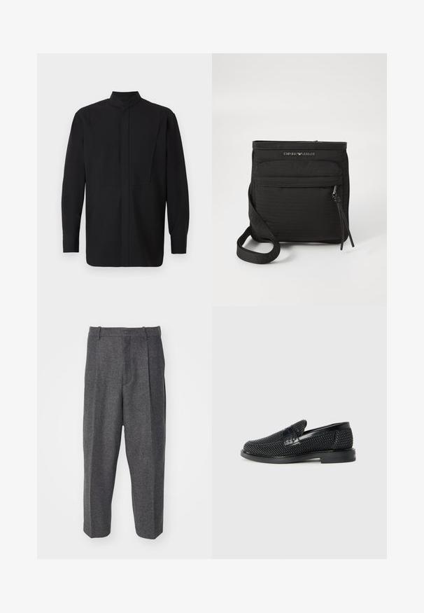 Schwarzes Langarmshirt mit hohem Kragen, geradem Schnitt und minimalistischem Design. Der Stoff wirkt glatt und strukturiert.; Graue Wollhose mit strukturierter Oberfläche, im Faltendesign, mit weitem Bein und einem Bund ohne sichtbare Verschlüsse.; Schwarzer geflochtener Slipper mit einem glatten Lederakzent im Obermaterial, einem runden Zehendesign und einer flachen Gummisohle.; Schwarze Emporio Armani Umhngetasche mit vorderer Reißverschlusstasche, verstellbarem Trageriemen und Logodetail auf strukturiertem Stoff.
