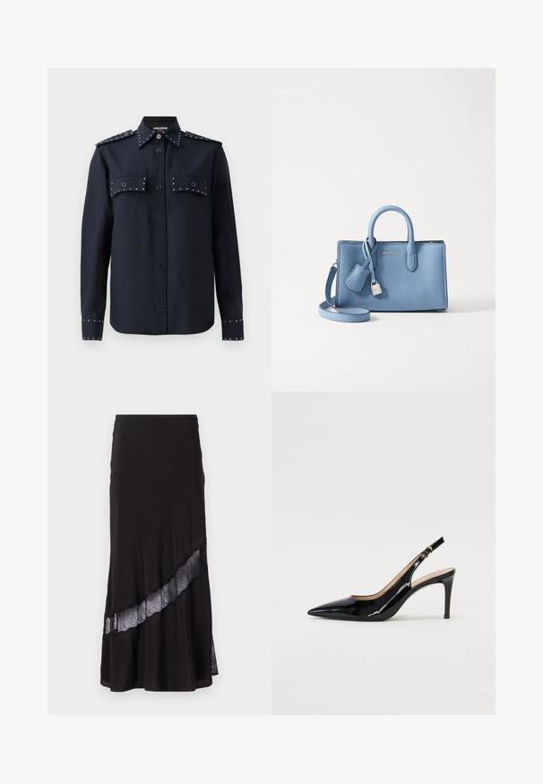 Chemise marine à manches longues, fermeture à boutons et deux poches avant. Présente des clous en argent sur les poches et les poignets, fabriquée dans un tissu lisse.; Jupe noire en tissu lisse, avec une insertion en dentelle en diagonale sur l'ourlet. Design évasé avec un léger éclat.; Pompe slingback en cuir verni noir avec un bout pointu, un talon fin et un design de découpes subtil. Elle dispose d'une boucle dorée sur la sangle.; Sac à main en cuir bleu clair avec des poignées doubles, une bandoulière amovible et un détail de verrou et d'étiquette en métal argenté. Texture lisse.