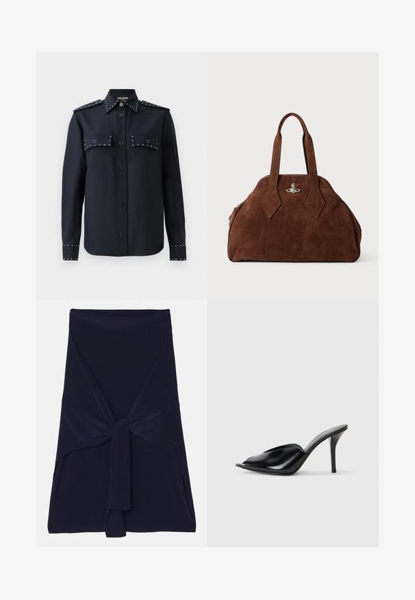 Navy spalvos marškiniai ilgomis rankovėmis, su mygtukų uždarymu ir dviem priekinėmis kišenėmis. Ypatybė - sidabro spalvos studai ant kišenių ir rankovių, pagaminti iš lygios medžiagos.; Tamsiai mėlyna apvyniota sijonas, pagamintas iš minkštos, tamprios medžiagos su surištu dizainu priekyje, turintis lygų paviršių ir pritaikytus kraštus.; Juodos odinės aukštakulnės mules su atvira pirštine, smailiu dizainu, lygiu paviršiumi ir plonu stiletto kulnu.; Ruda zomšo rankinė su struktūrine forma, apvaliu kūnu ir pailgom rombo formos rankenom. Yra sidabro spalvos uždarymo mechanizmas.