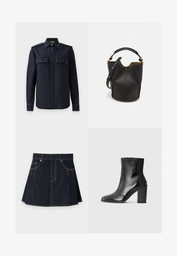 Námořnická košile s dlouhými rukávy, s knoflíkovým zapínáním a dvěma předními kapsami. Má stříbrné nýty na kapsách a manžetách, vyrobená z hladké tkaniny.; Džínová sukňa v tmavomodrej farbe, s rozšíreným strihom, pútkami na opasok, prednými vreckami a kontrastným prešívaním pozdĺž švov.; Čierna kožená kotníková obuv s hladkým povrchom, špicatou špičkou a masívnym vysokým podpätkom. Zdobená bočným otvorom a minimalistickým dizajnom.; Čierna kožená vedro taška s textúrovaným povrchom, zlatými kovovými detailami a otvoreným vrcholom. Obsahuje krátku rukoväť a nastaviteľný ramenný popruh.
