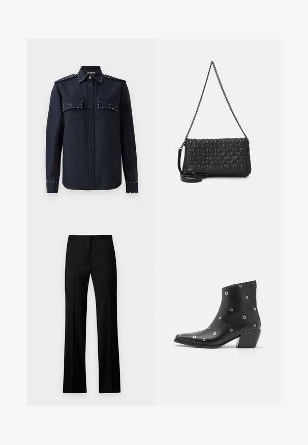 Mornarska košulja dugih rukava, s gumbima i dva prednja džepa. Ima srebrne zakovice na džepovima i rukavima, izrađena je od glatkog materijala.; Crne ravne hlače od glatke tkanine, s ravnim prednjim dijelom, petljama za remen i bez vidljivih džepova ili ukrasa.; Crne kožne gležnjače sa srebrnim detaljima u obliku rupica, šiljastim vrhom i blok petom. Elegantan dizajn s glatkom teksturom.; Crna jastučićasta kožna torba s lanacom, s detaljima u obliku lubanje i zatvaranjem na patentni zatvarač. Tekstura površine s sjajnim završetkom.
