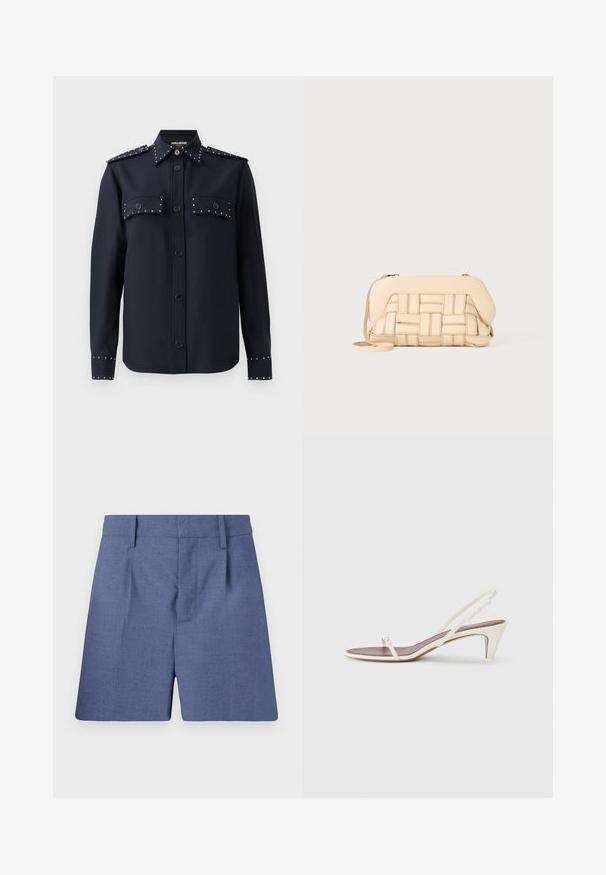 Granatowa koszula z długim rękawem, z zapięciem na guziki i dwoma przednimi kieszeniami. Posiada srebrne ćwieki na kieszeniach i mankietach, wykonana z gładkiego materiału.; Niebieskie spodenki o dopasowanym kroju z pętelkami na pasek, przednimi zakładkami oraz ukrywanym zapięciem z przodu, pokazane na białym tle.; Białe sandały na koturnie z cienkimi paskami i gładką skórzaną fakturą; zawierają małą dekoracyjną klamrę.; Tkaniana beżowa torebka o ustrukturyzowanym designie, z gładką górą i długim paskiem. Teksturowane detale podkreślają ogólny wygląd.