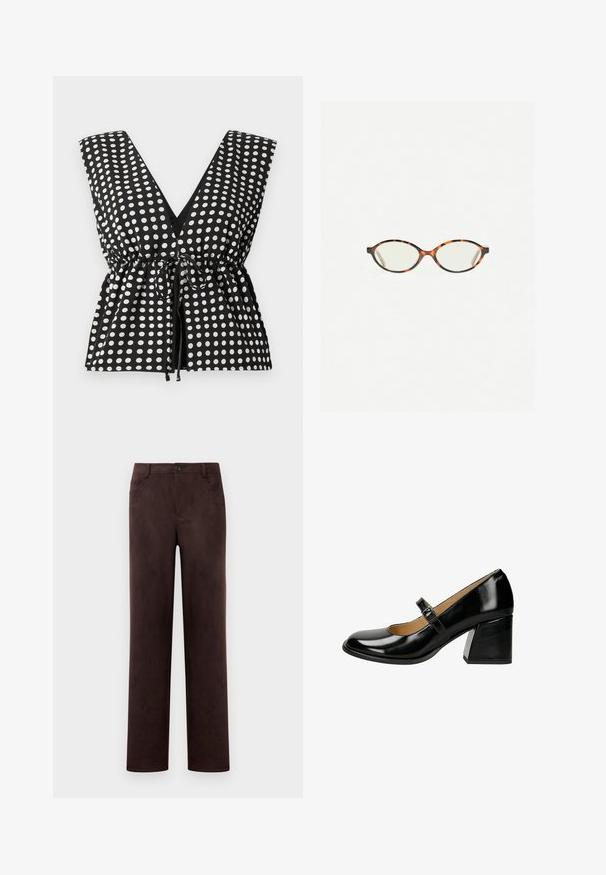 Černobílý top s puntíky, hlubokým výstřihem do V, bez rukávů, s nařaseným pasem a nastavitelnou šňůrkou, a hladkou texturou látky.; Bílé dlouhé tričko s dlouhým rukávem vyrobené z měkké bavlny, s kulatým výstřihem a přiléhavým střihem, bez vzorů nebo akcentů.; Kalhoty z tmavohnědého semiše s rovnými nohavicemi, předním zapínáním na knoflík a zip, poutky na opasek a bočními kapsami.; Černé lakované Mary Jane boty s kulatou špičkou, nastavovací sponou a robustním podpatkem s texturovaným povrchem.; Želvovinové brýle s oválnými čočkami a hladkým, jemným povrchem. Má tenké bočnice s jemným zakřivením v chrámcích. Čiré čočky.