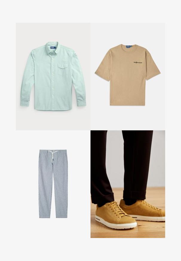Svetle modrá košile s dlouhým rukávem a knoflíkovým zapínáním, vybavená kapsou, límečkem, předními knoflíky a texturovanou tkaninou.; Beige bavlněné tričko s krátkým rukávem, kulatým výstřihem a malým černým logem na levé straně hrudi. Měkká textura.; IUMAN Intimissimi Uomo Kalhoty - blau j microriga bco blu; Žluté pruhované tenisky s bílou podrážkou, s kulatou špičkou, šněrovacím designem a texturovaným povrchem, nošené s černými zkrácenými kalhotami na dřevěné podlaze.