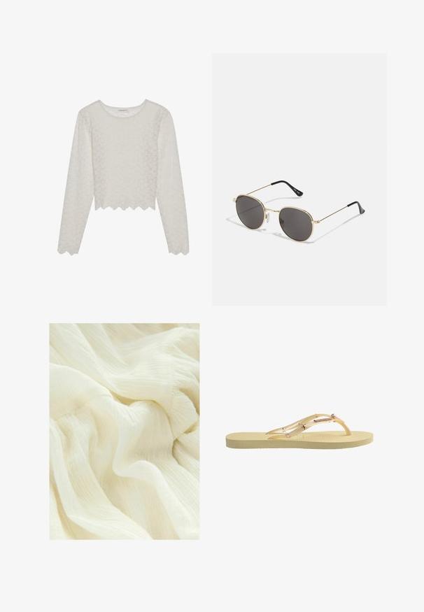 Haut à manches longues couleur crème avec un motif floral texturé, design court et ourlet festonné. Fabriqué à partir d'un tissu léger et semi-transparent.; Tissu blanc froissé avec une texture douce et légère. Le matériau a une apparence fluide et légère avec des variations subtiles de ton.; Tongs jaunes avec une semelle texturée, des sangles transparentes ornées d'accents en perles et en étoiles, et un design lisse et minimaliste.; Lunettes de soleil rondes avec des verres foncés, fine monture en métal doré, embouts en plastique et plaquettes de nez ajustables. Design minimaliste avec un look classique.