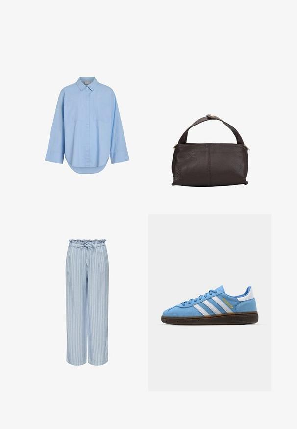 Lichtblauw overhemd met kraag, gemaakt van katoen, voorzien van lange mouwen, twee voorzakken, een knoopsluiting aan de voorkant en een gebogen zoom.; Lichtblauwe, gestreepte, wijde broek met een gegatherde elastische tailleband en een verstelbare trekkoord. Zachte stof met een gladde textuur.; Lichtblauwe suède sneakers met witte leren strepen, een bruine textuurzool en gouden logo-detail. Laag ontwerp met een ronde neus.; Bruine leren handtas met een gestructureerd oppervlak, voorzien van een enkele handgreep aan de bovenkant en gouden hardware. Ritssluiting aan de zijkant.