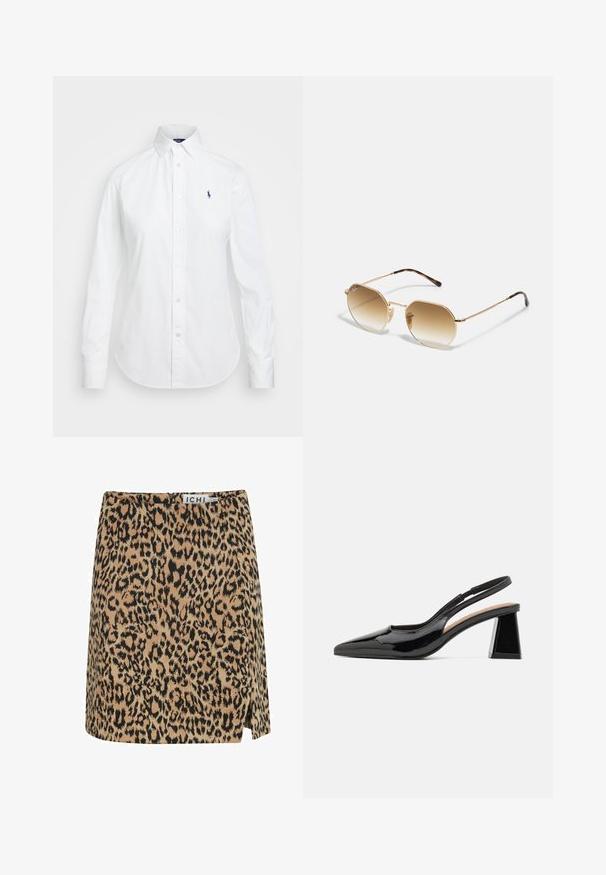 Camicia bianca con colletto a punta, maniche lunghe e un piccolo logo blu sul lato sinistro del petto. Realizzata in tessuto di cotone.; Gonna mini in stampa leopardata realizzata in tessuto morbido, con una base beige e macchie nere, spacco laterale e chiusura con zip discreta sul retro.; Décolleté nera in vernice con punta affusolata, caratterizzata da un unico tacco a blocco geometrico e una superficie liscia. Cinturino regolabile per supporto.; Occhiali da sole in metallo dorato con montatura ottagonale, lenti gradiente marroni e dettagli in tartaruga sulle tempie. Design leggero.; Borsa a tracolla nera in pelle trapuntata con catena dorata e dettaglio del logo. Forma rettangolare, texture liscia, con chiusura a pattina.